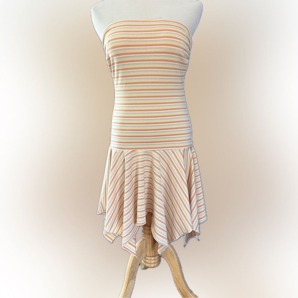 Y2K Rainbow Striped Strapless Asymmetrical Dress (S)